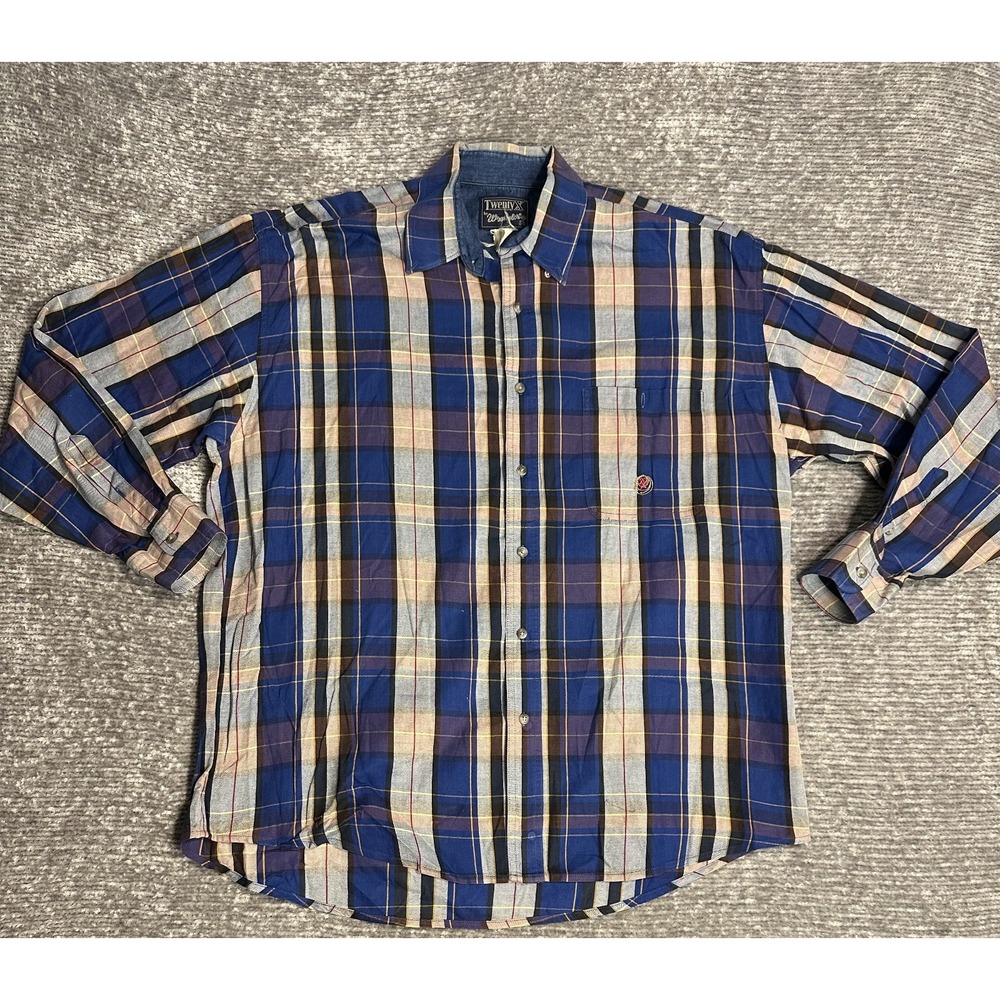 Wrangler Twenty X Shirt Mens XL Blue Plaid Button Down Long Sleeve